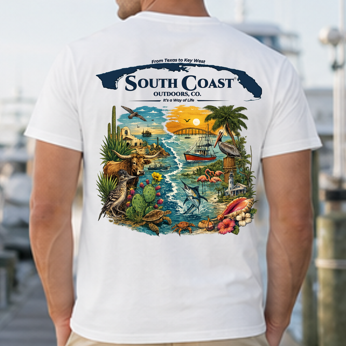 White T-shirt with large back ocean and wildlife graphic print