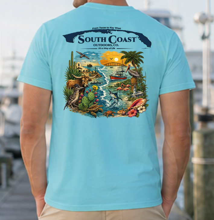Lagoon blue graphic T-shirt with back beach scene and South Coast logo