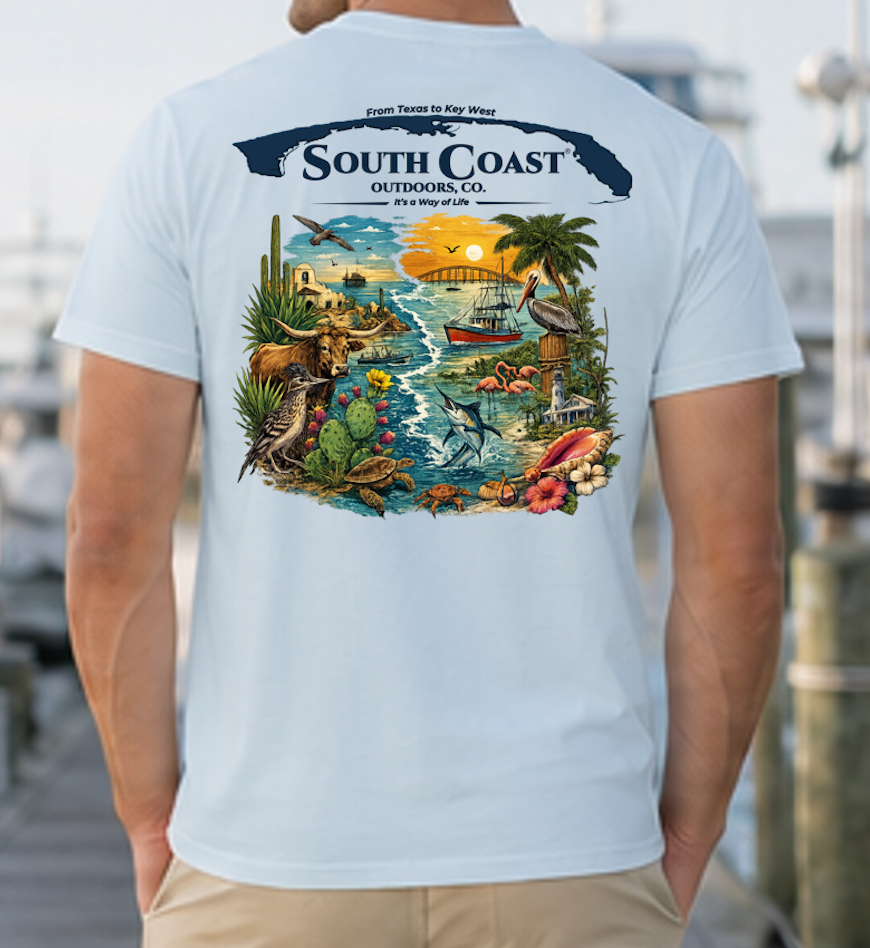 Light blue graphic T-shirt with back beach scene and South Coast logo print