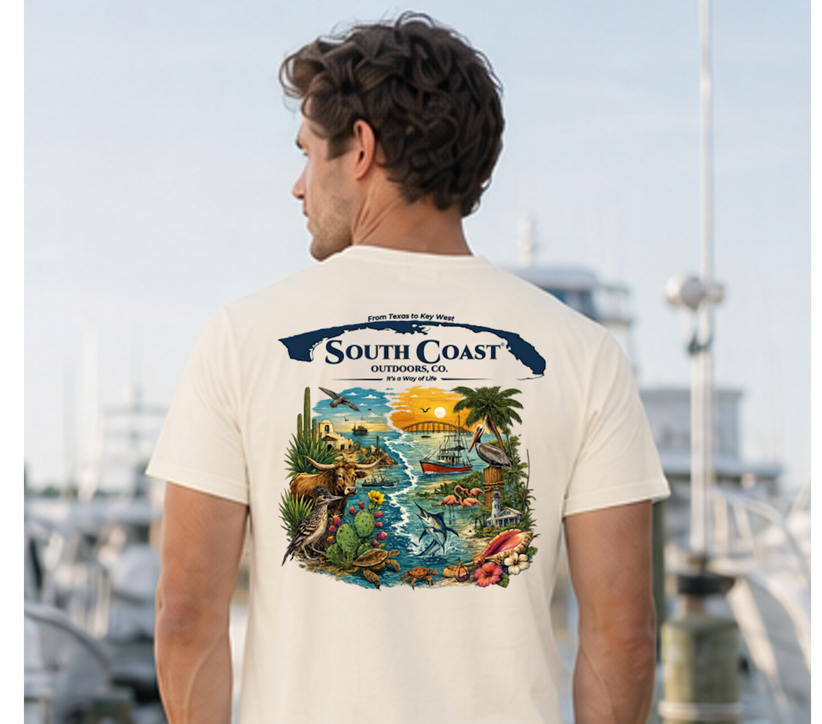 Ivory graphic T-shirt with back beach scene and South Coast logo print