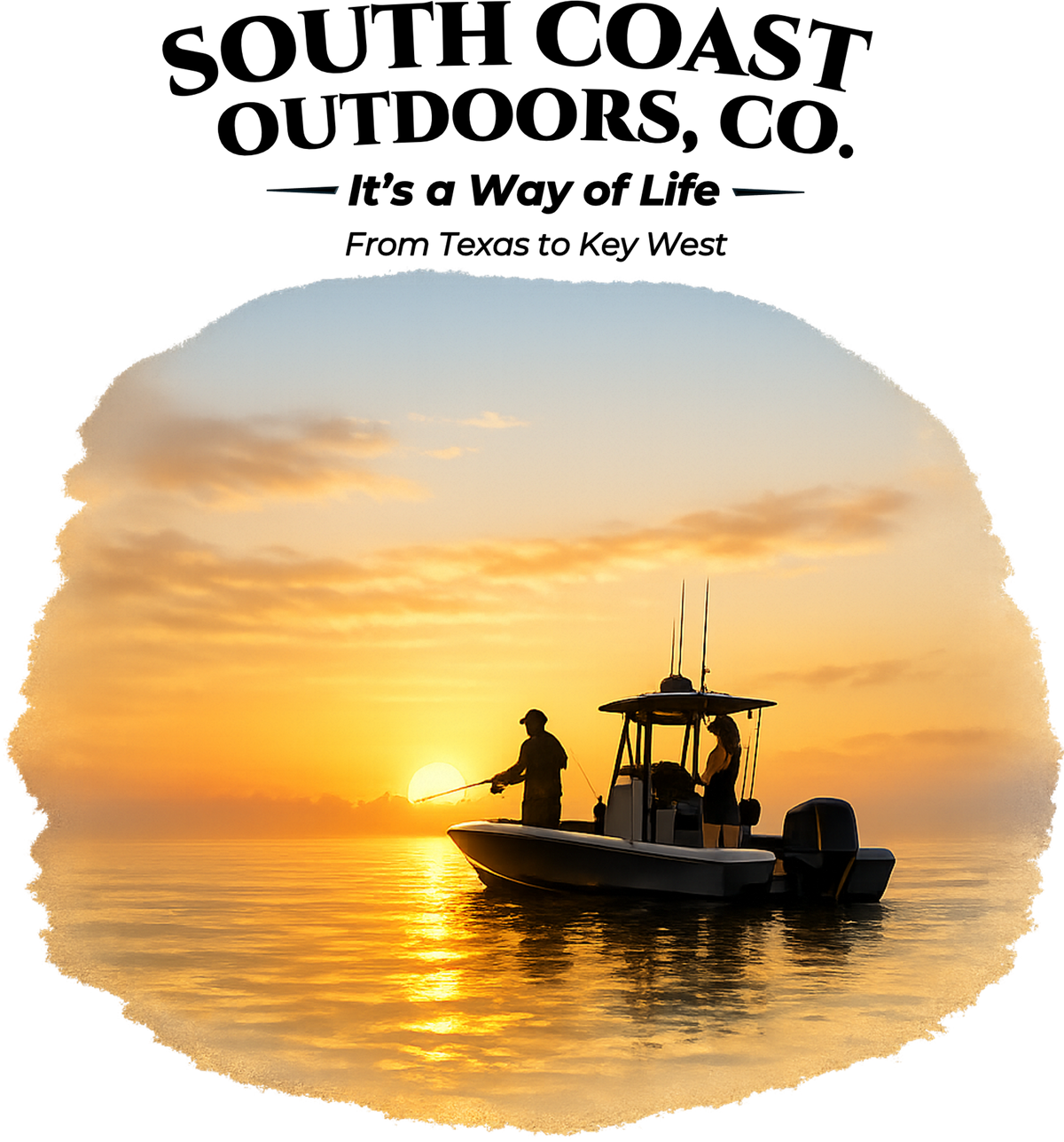 Fishing sunset graphic with silhouetted boat in a circular design