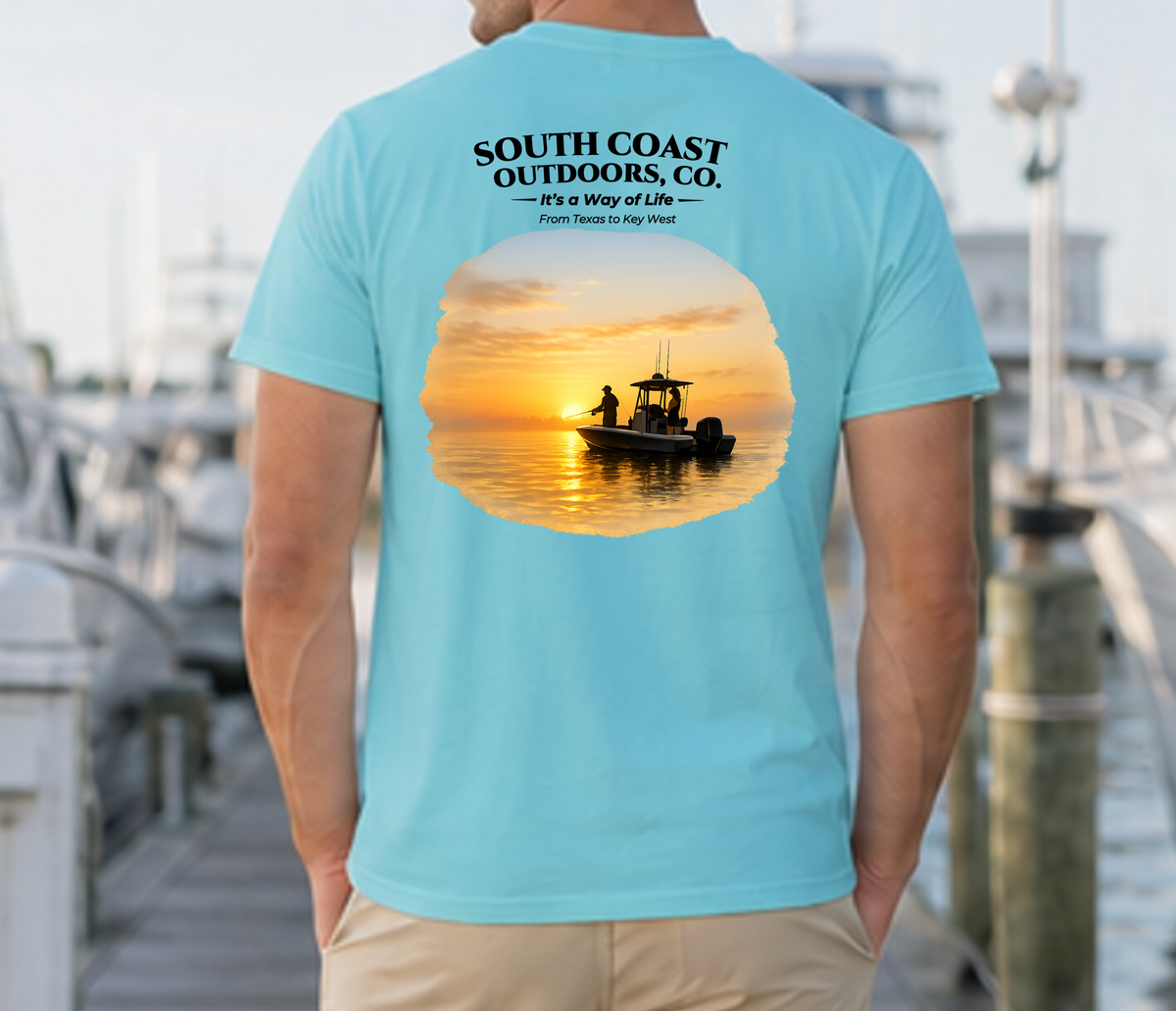 Light blue back graphic T-shirt with fishing boat sunset circle