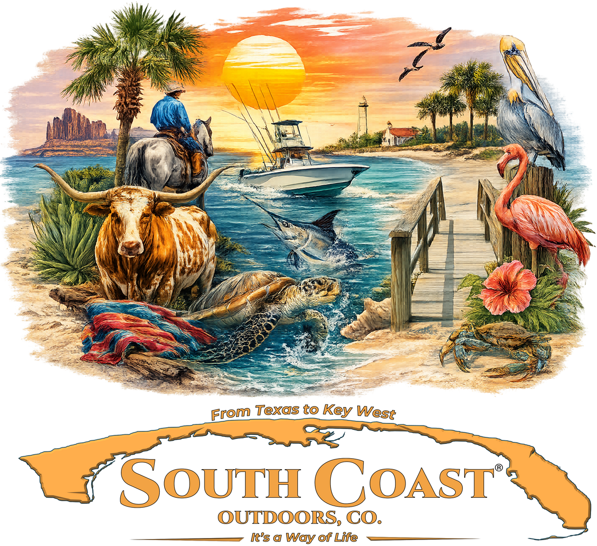 South Coast outdoor graphic artwork with flaming sunset and animals, T-shirt print
