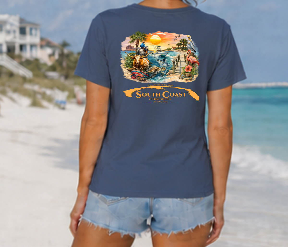 Navy short-sleeve T-shirt with colorful South Coast beach sunset graphic on front
