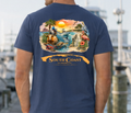 Navy short-sleeve T-shirt with South Coast graphic on back, flaming sunset and animals