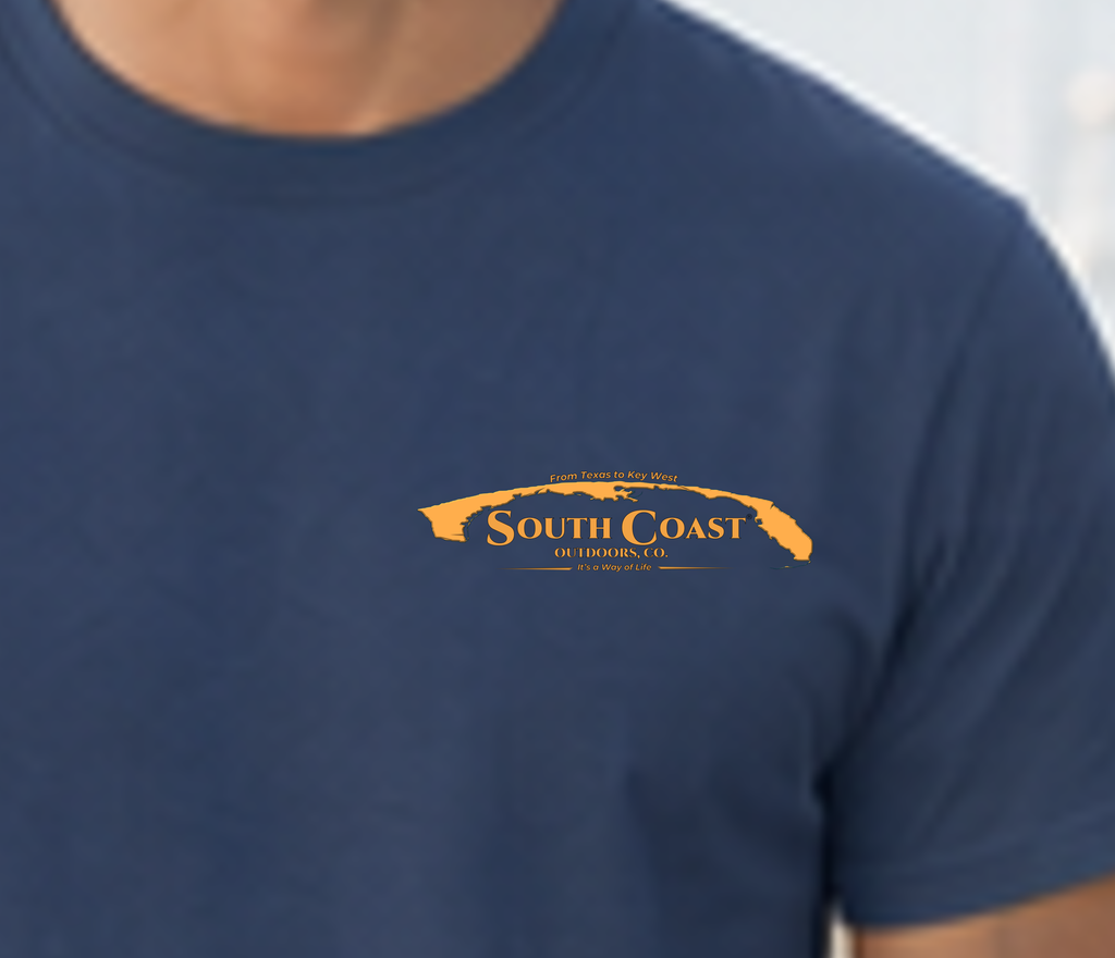 Close-up of navy T-shirt chest logo and small South Coast graphic print