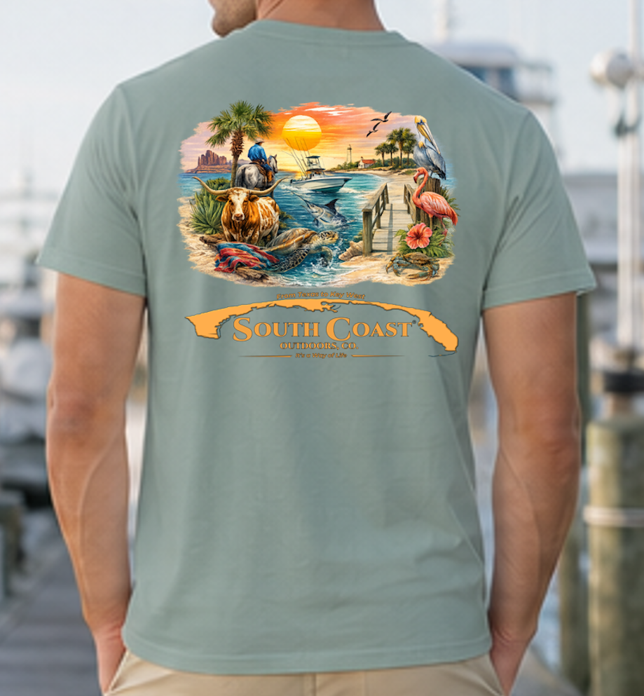Green coastal graphic t-shirt with back illustration and orange ribbon logo text