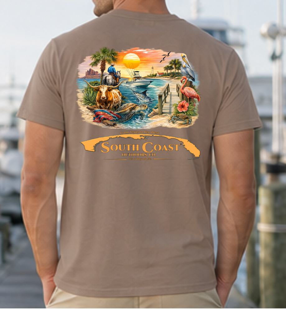 Taupe graphic t-shirt with coastal animal scene and South Coast logo on back.
