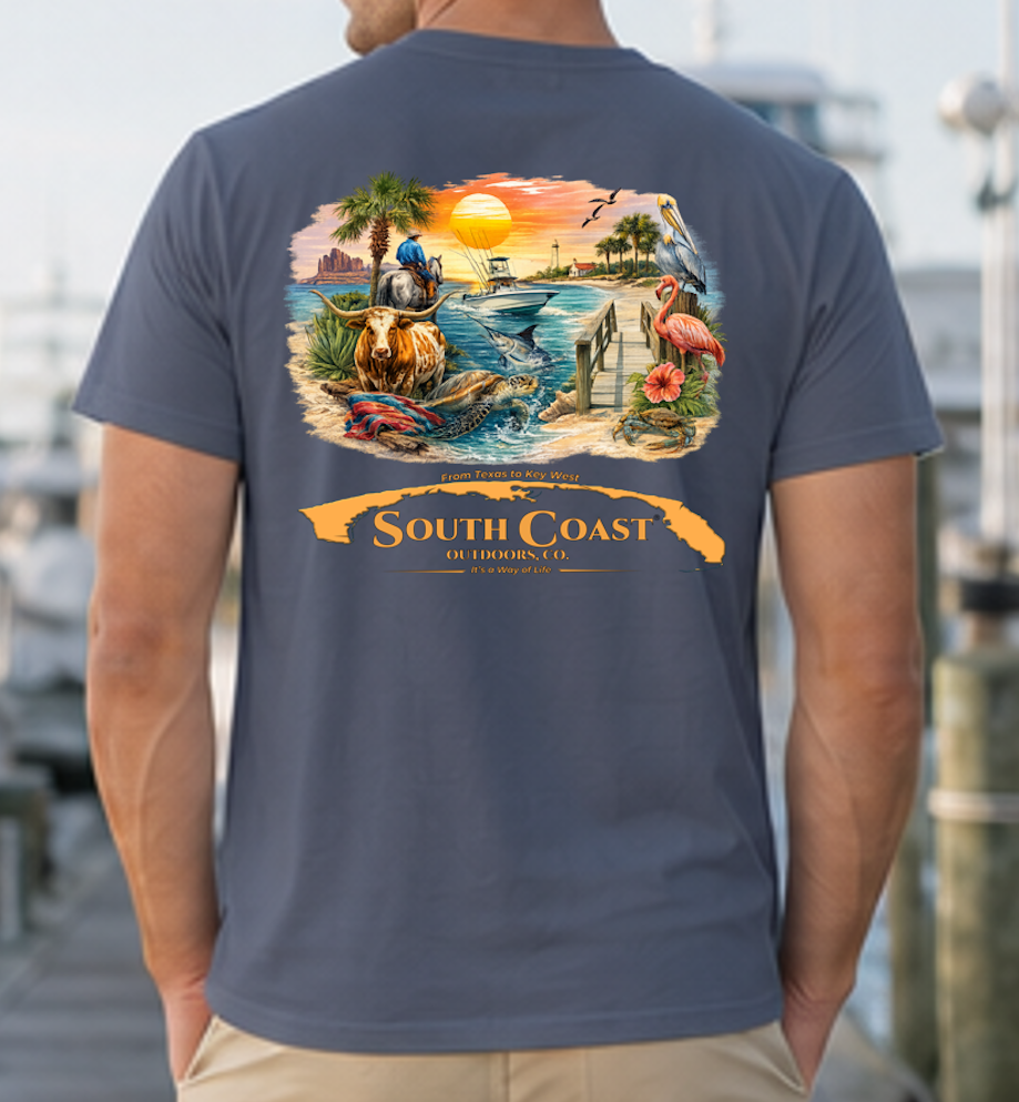 Navy coastal graphic t-shirt with back illustration, flamingo, and orange ribbon text