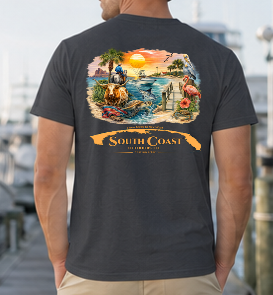 Black coastal graphic t-shirt with back illustration and orange ribbon logo text