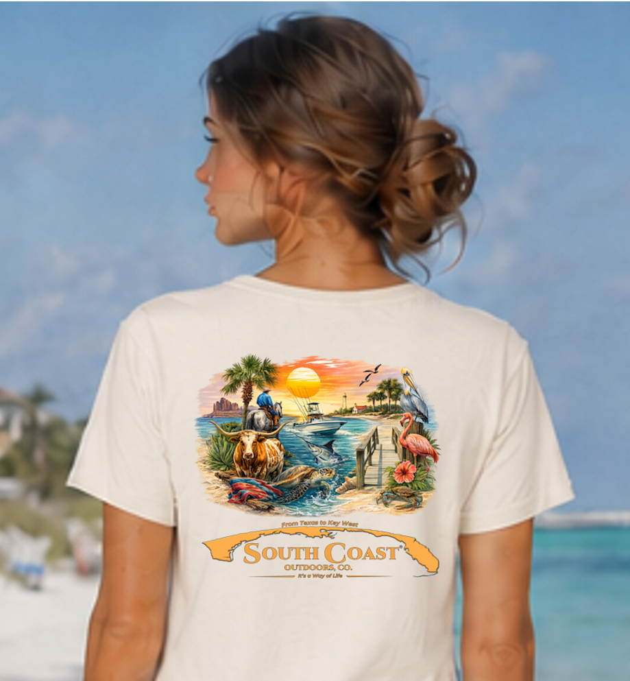 Ivory coastal graphic t-shirt with back illustration and orange ribbon logo text