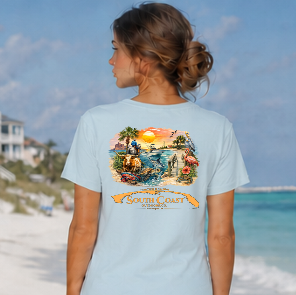 Light blue coastal graphic t-shirt with back illustration and orange ribbon logo text