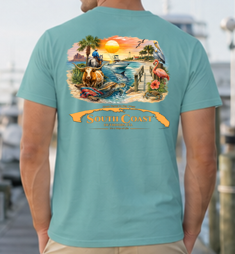 Teal coastal graphic t-shirt with back illustration and orange ribbon logo text