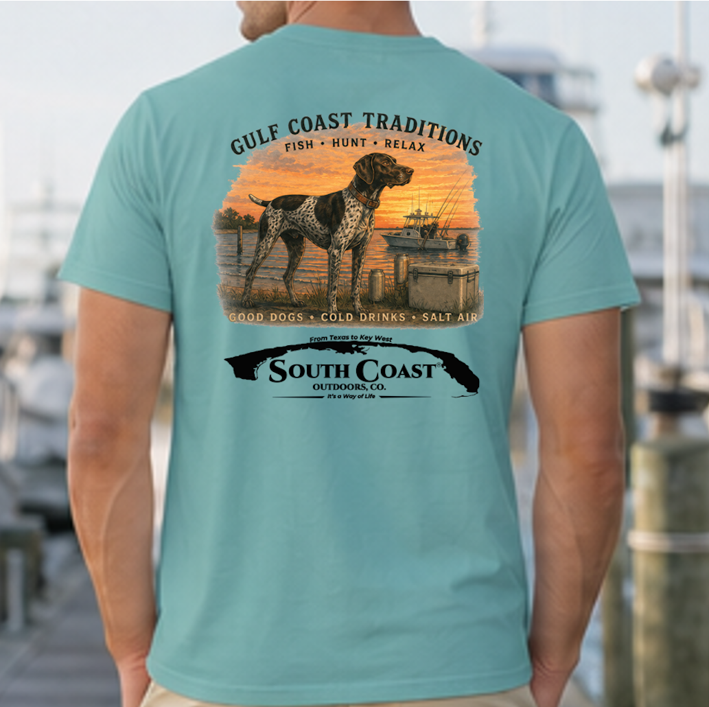 Turquoise crewneck T-shirt with back graphic of dog, gulf coast scene, and South Coast logo