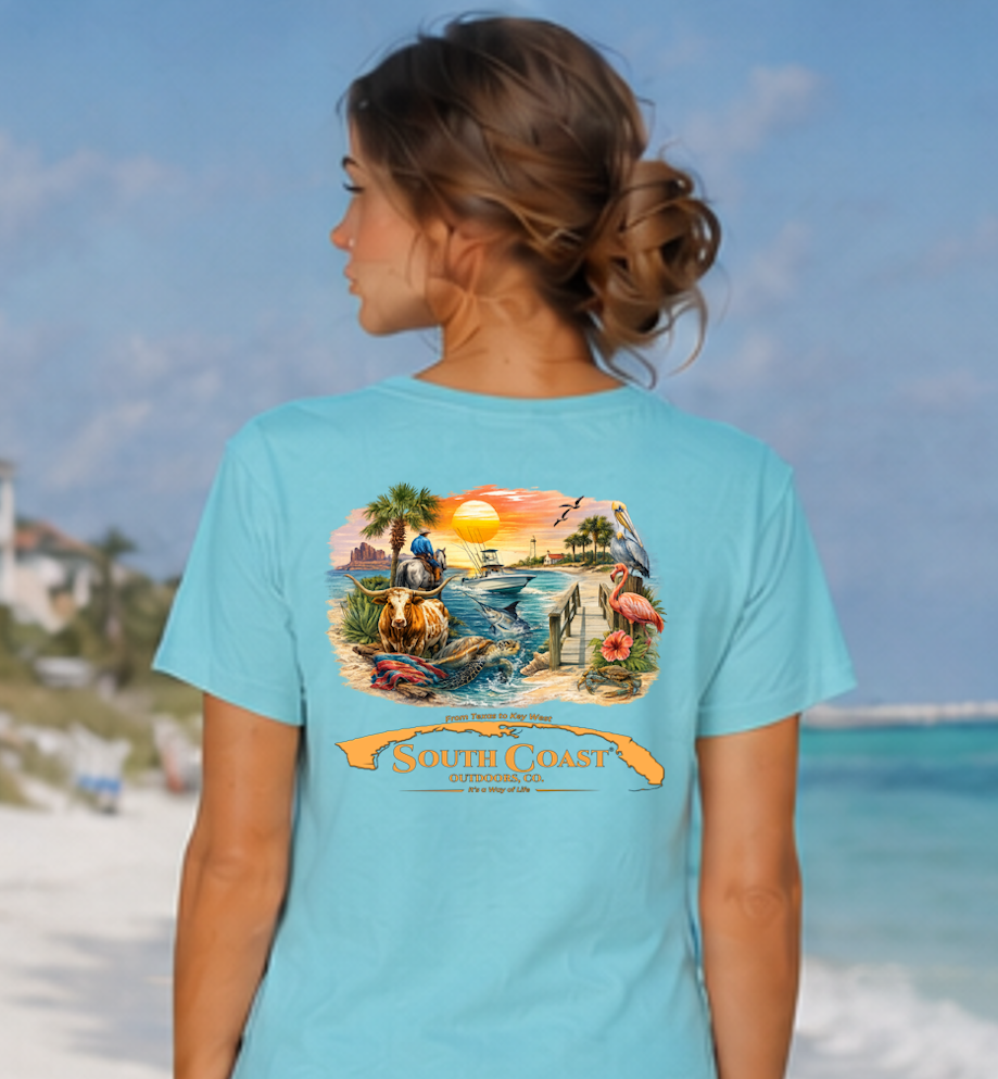 Light blue coastal graphic t-shirt with back illustration and orange ribbon text
