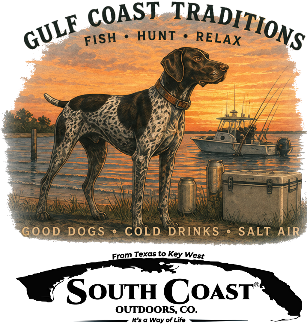 Graphic T-shirt artwork featuring a hunting dog, sunset, and Gulf Coast Traditions text