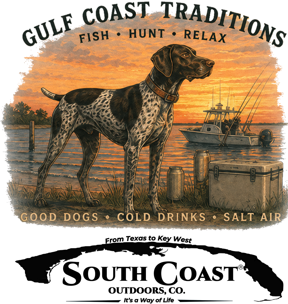 Graphic T-shirt artwork featuring a hunting dog, sunset, and Gulf Coast Traditions text