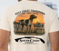 White T-shirt back with large Gulf Coast Traditions fish-hunt-relax dog illustration