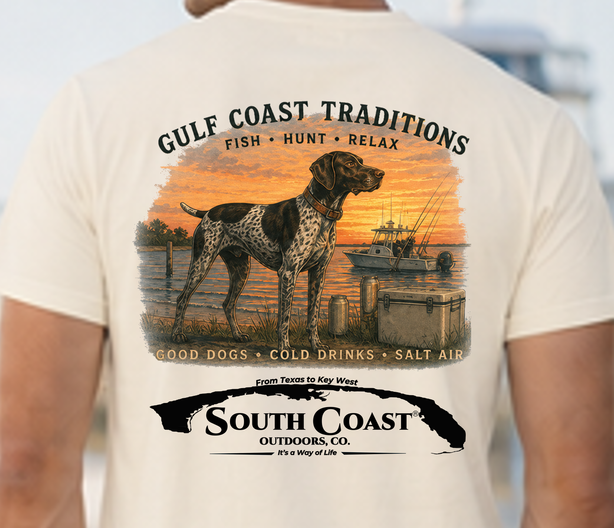 White T-shirt back with large Gulf Coast Traditions fish-hunt-relax dog illustration