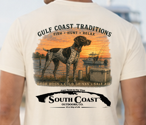 White T-shirt back with large Gulf Coast Traditions fish-hunt-relax dog illustration