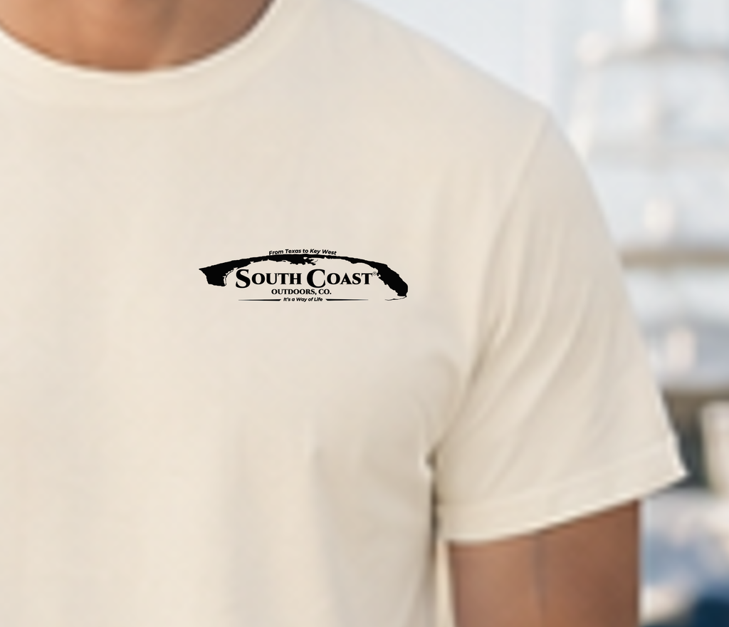 White graphic T-shirt chest logo with South Coast outline