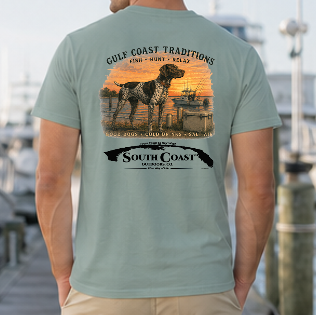 Seafoam green crewneck T-shirt with back graphic of dog, gulf coast scene, and South Coast logo