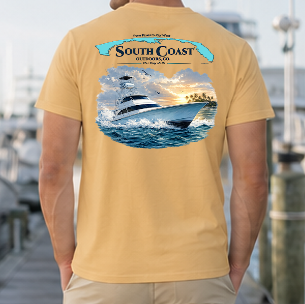 Mustard sport fishing T-shirt with back graphic of a boat on ocean
