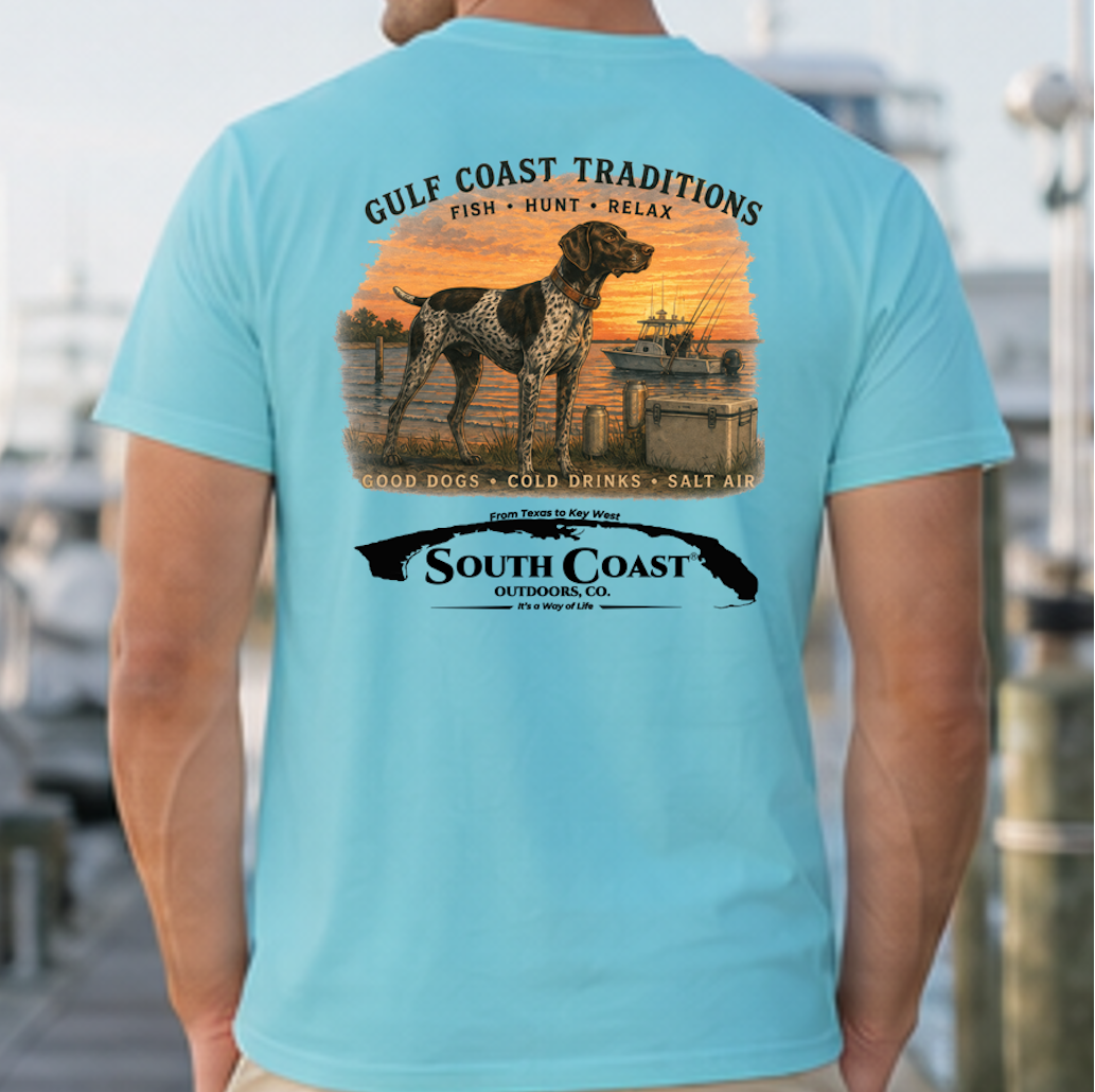 Aqua blue crewneck T-shirt with back graphic of dog, gulf coast scene, and South Coast logo