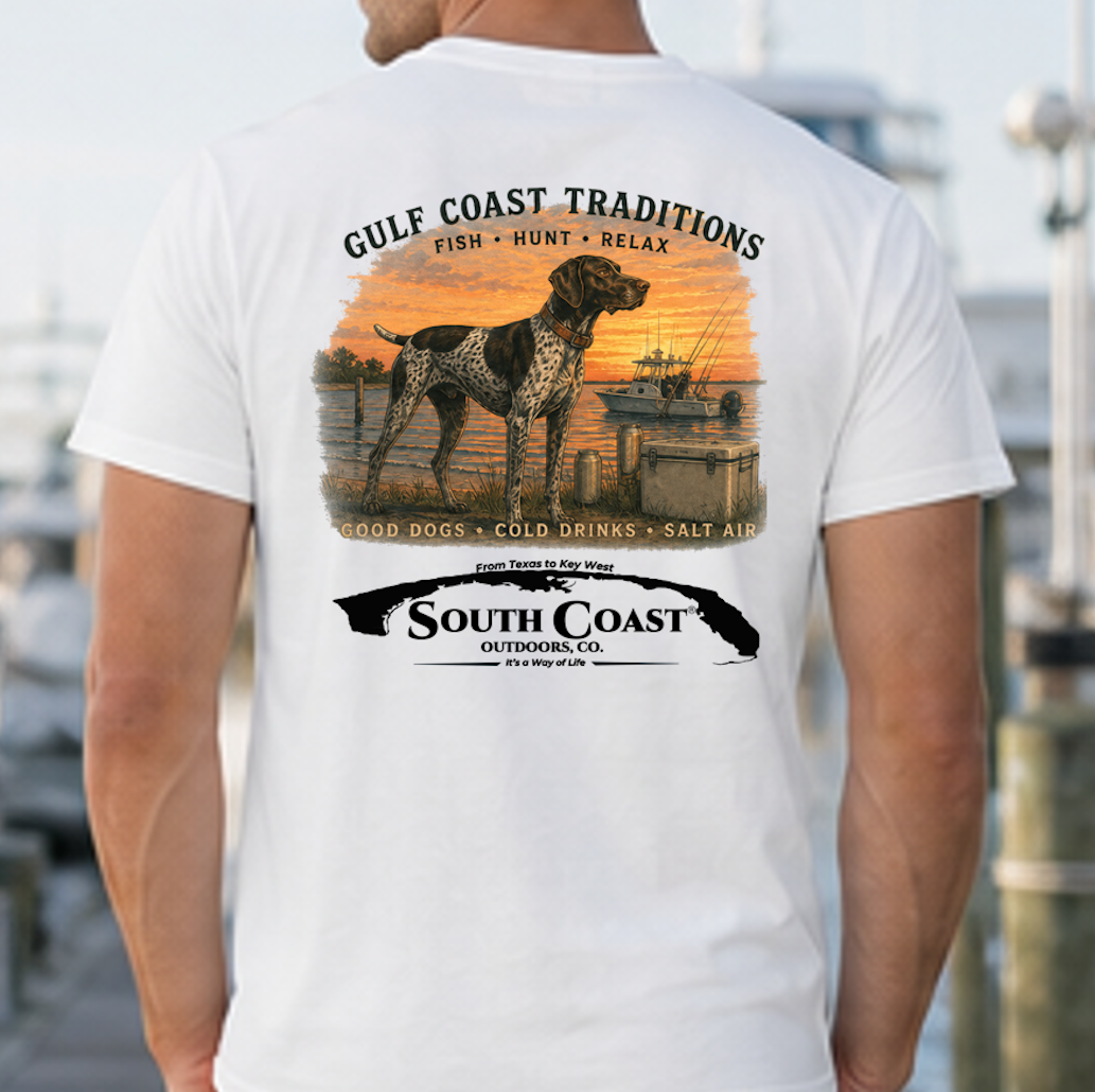 White crewneck T-shirt with back graphic of dog, gulf coast scene, and South Coast logo