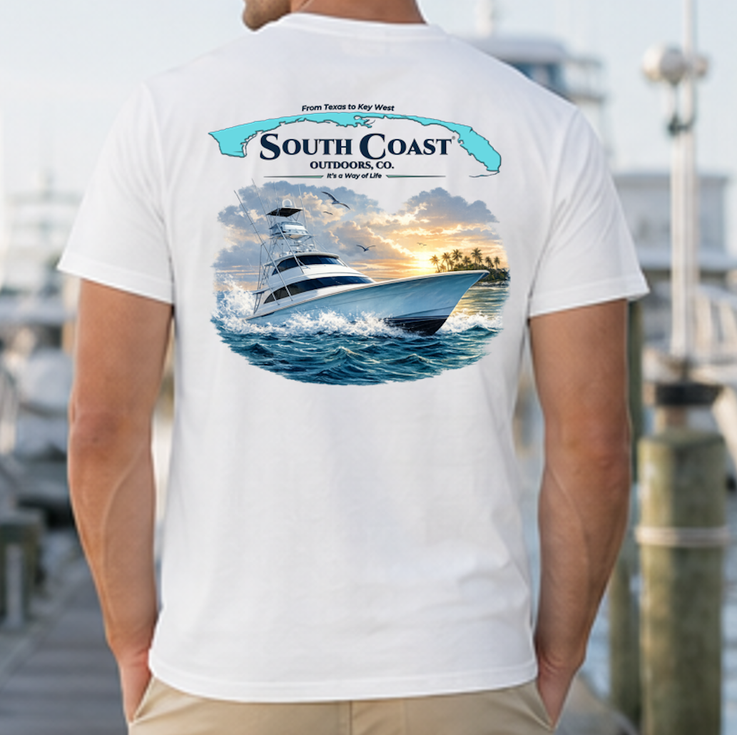 White sport fishing T-shirt with back graphic of boat at sea