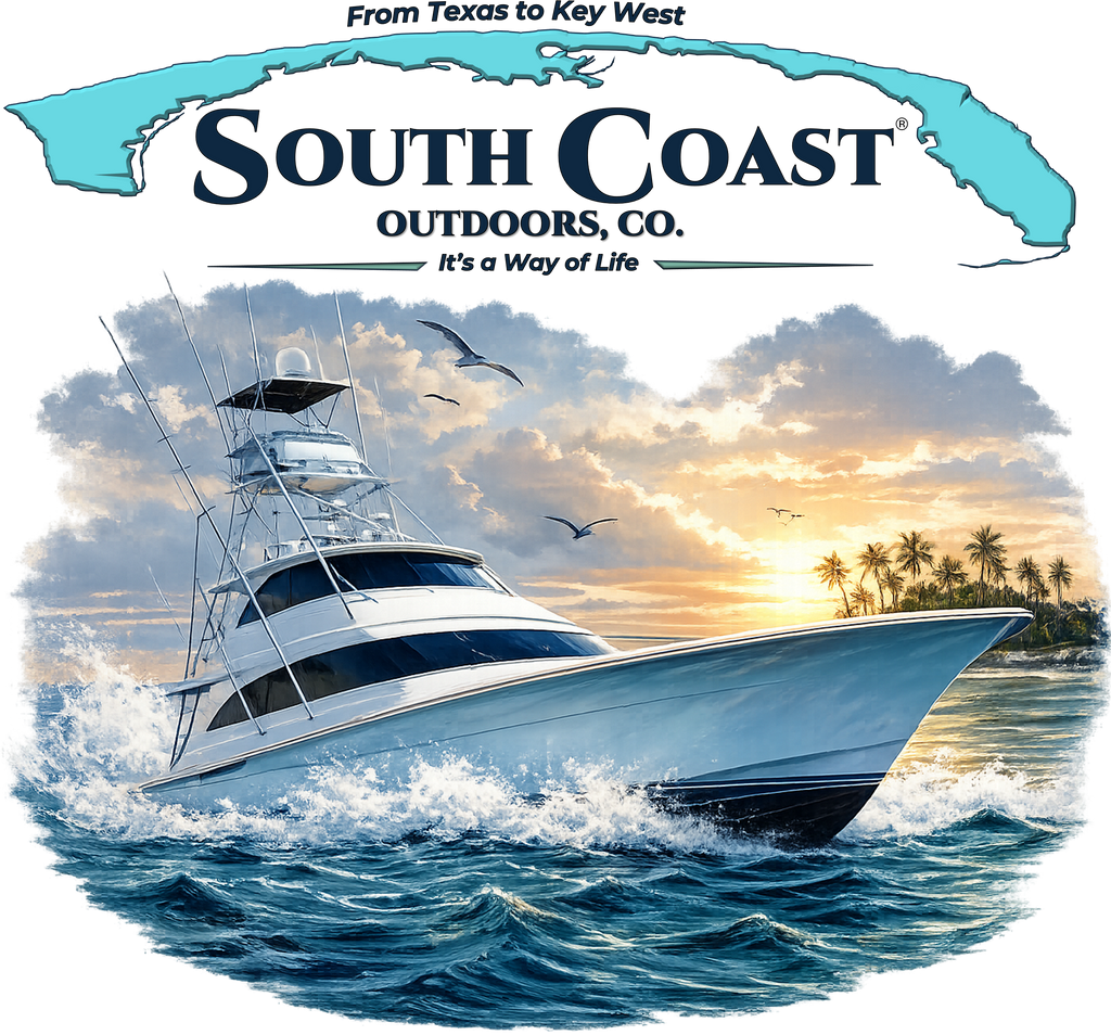 T-shirt graphic: South Coast Outdoors Co. boat and ocean scene
