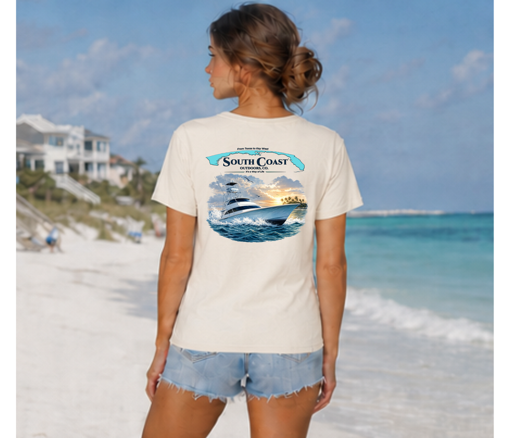Cream T-shirt with large back graphic of boat and ocean at sunset
