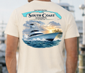 Cream T-shirt with centered back South Coast Outdoors Co. logo and boat