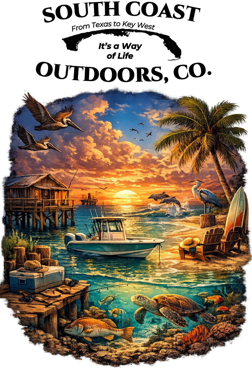 Turquoise graphic T-shirt with sunset beach and palm tree illustration