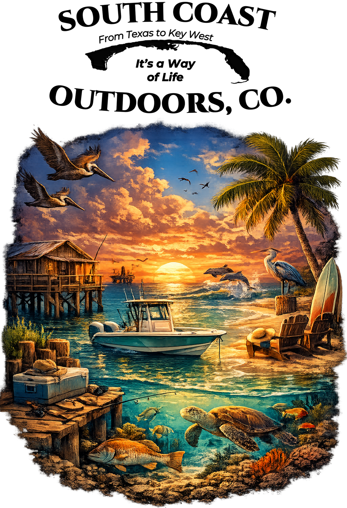Turquoise graphic T-shirt with sunset beach and palm tree illustration