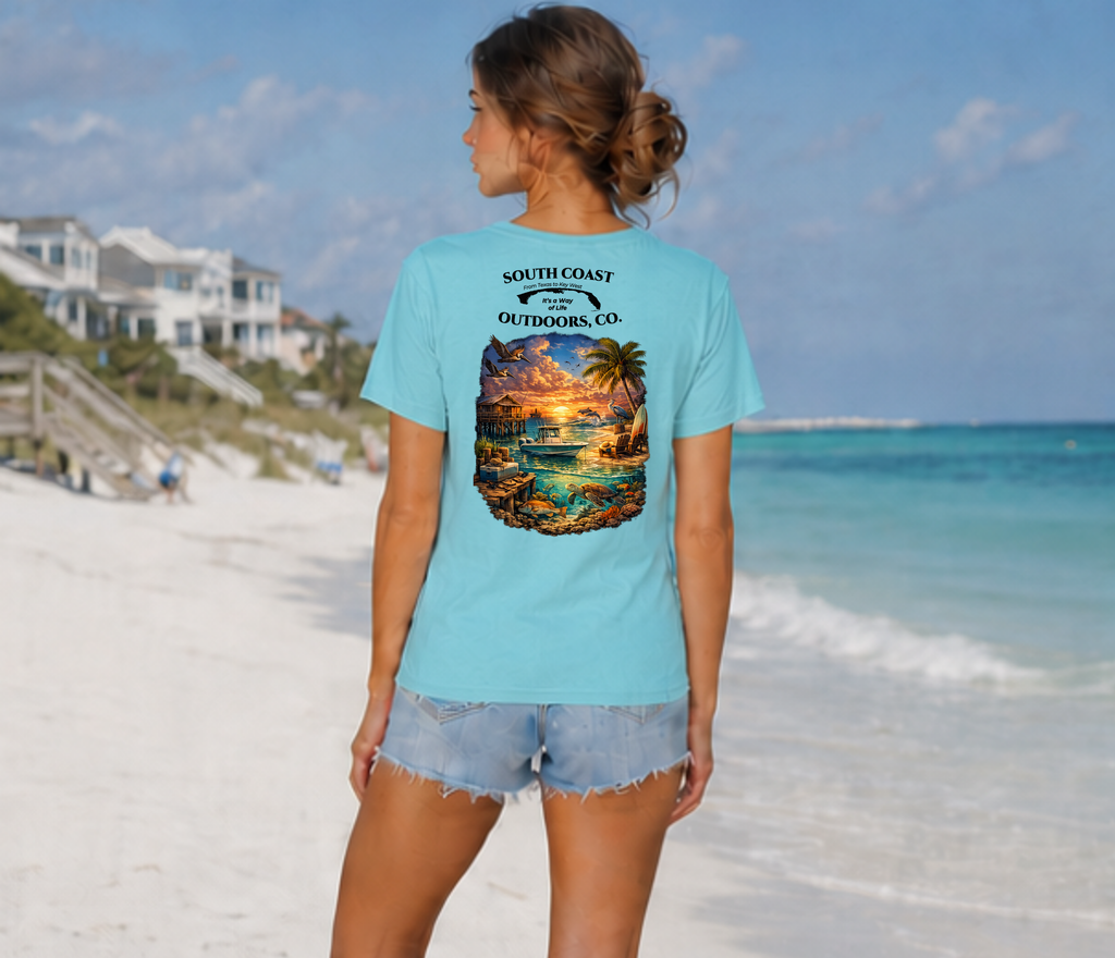 Light blue graphic T-shirt with back sunset beach print and short sleeves