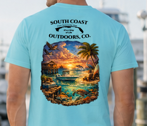 Light blue graphic T-shirt back, South Coast Outdoors text over sunset beach scene