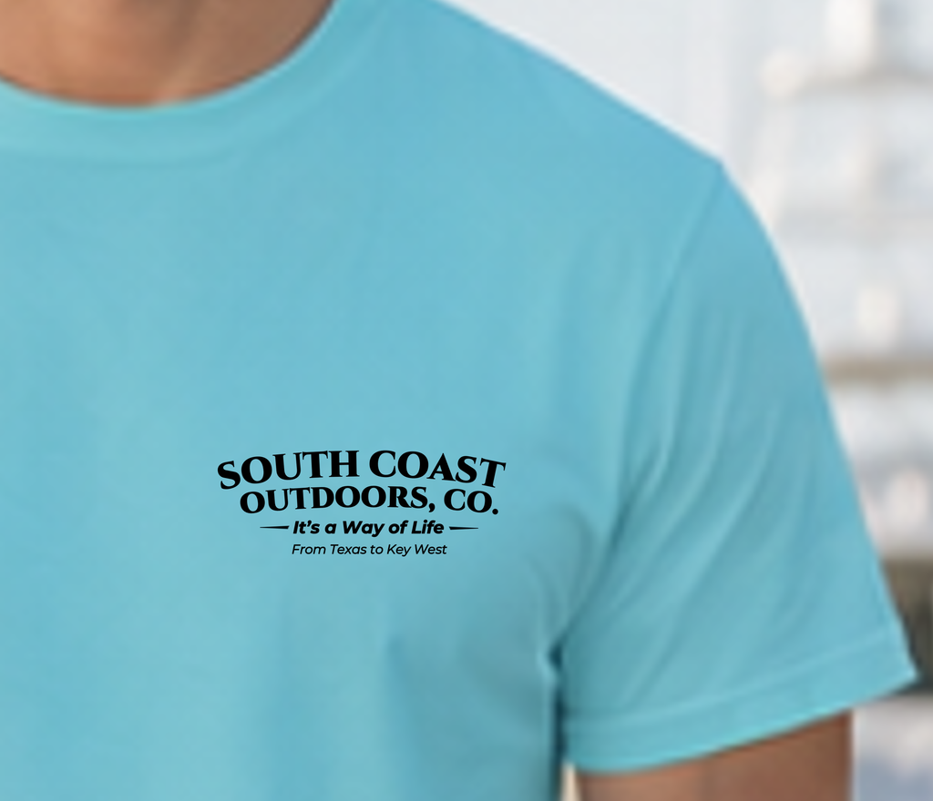 Light blue T-shirt back text 'SOUTH COAST OUTDOORS, CO' with subtitle