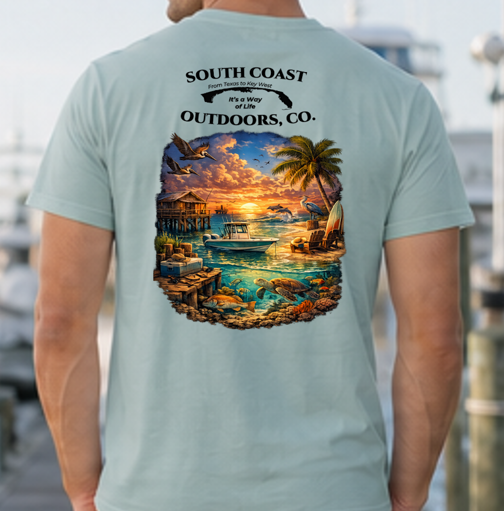 Seafoam graphic T-shirt with round sunset beach wildlife print on back