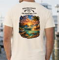Ivory tan graphic T-shirt with round sunset beach wildlife print on back