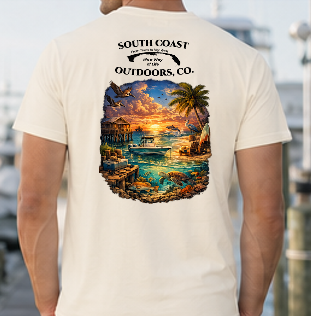 Ivory tan graphic T-shirt with round sunset beach wildlife print on back