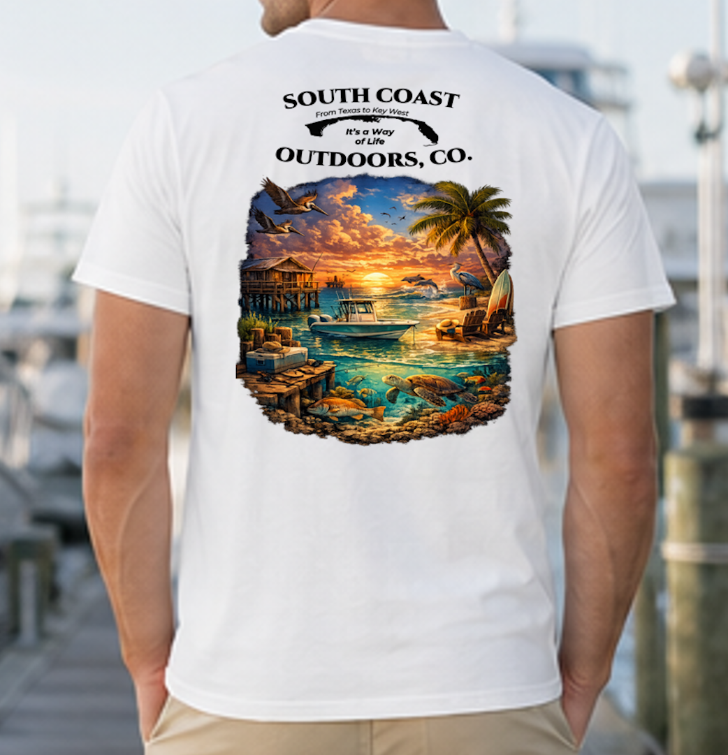 White graphic T-shirt with round sunset beach wildlife print on back