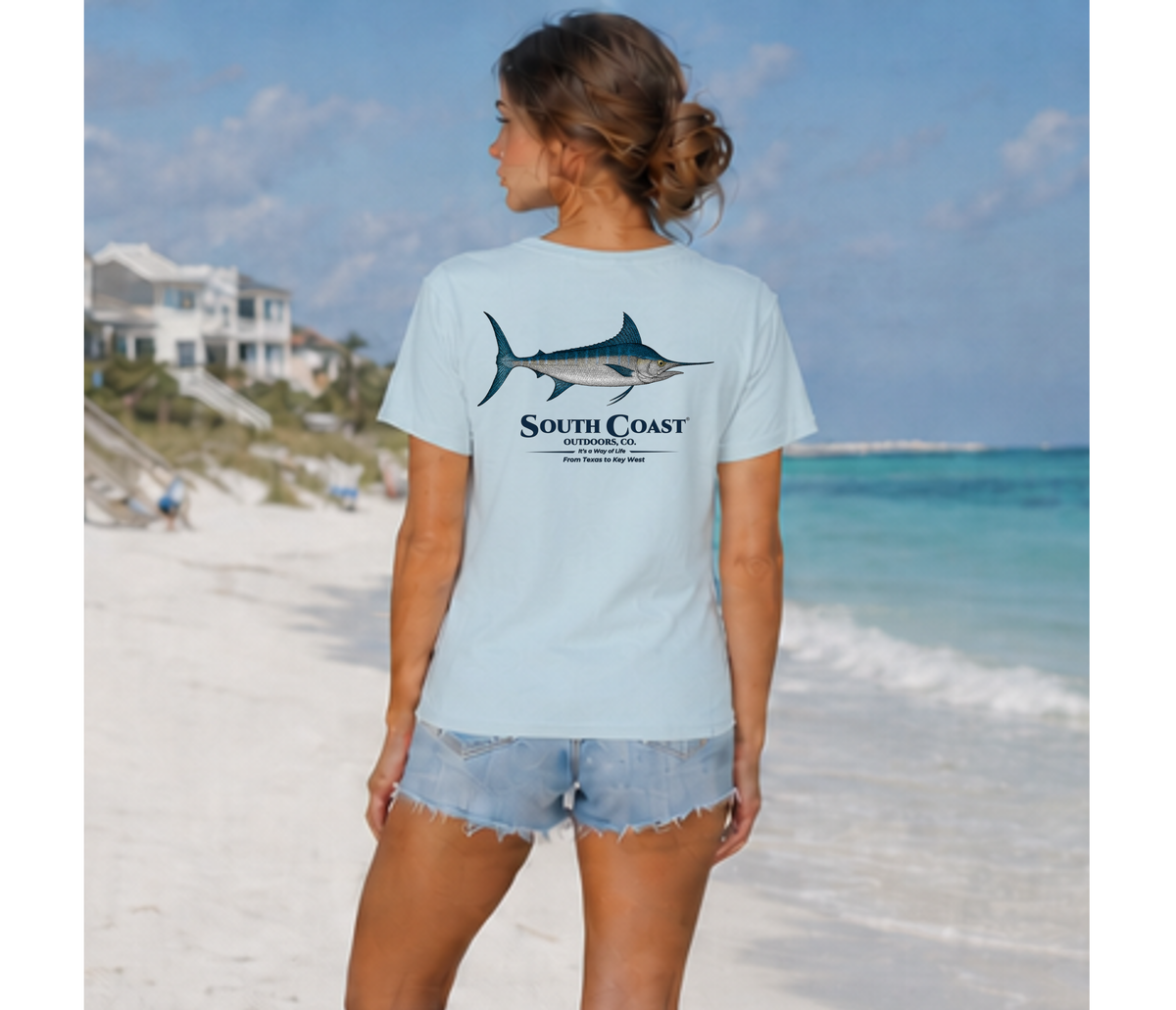 Light blue back T-shirt with marlin graphic and South Coast Outdoor Co logo