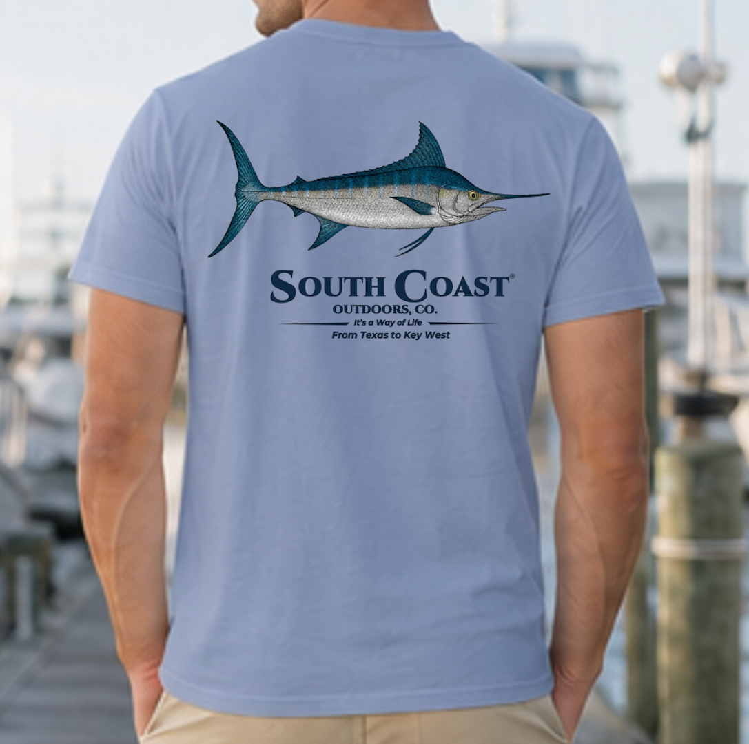 Periwinkle t-shirt with blue marlin fish graphic on the back