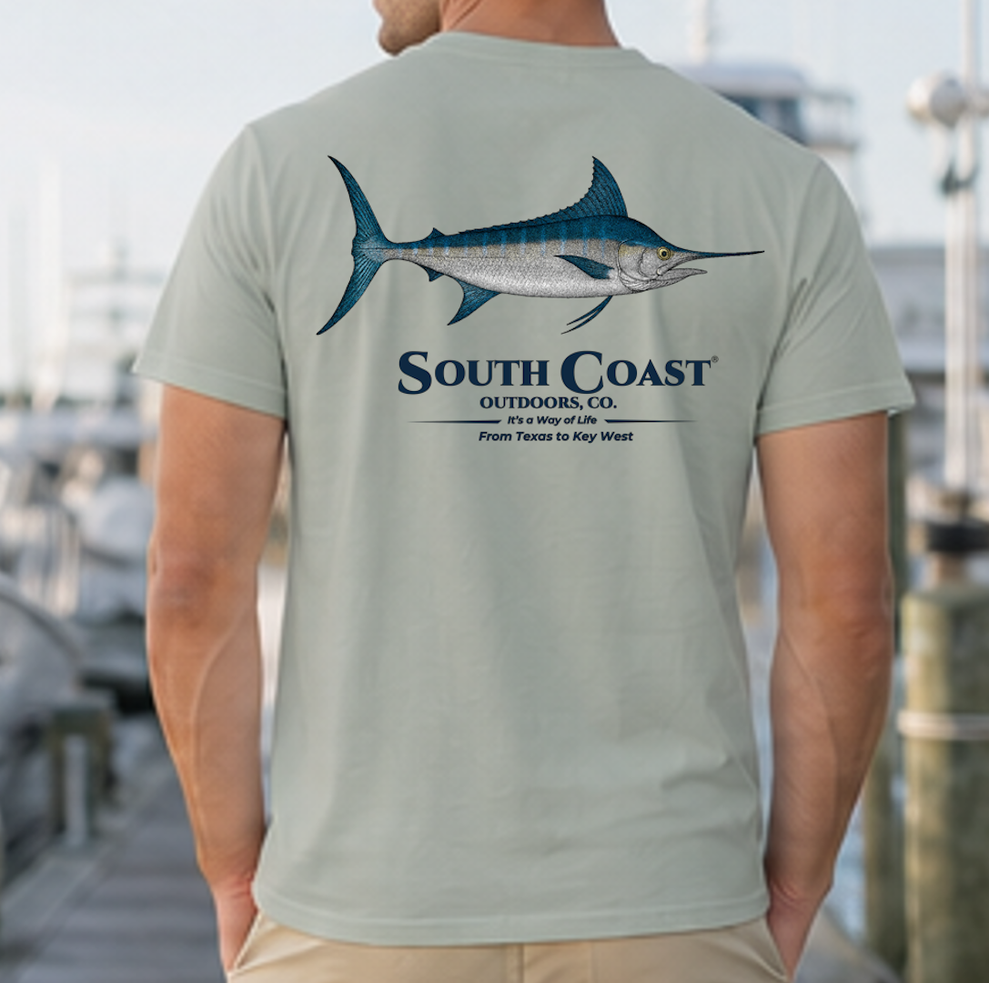 Light green t-shirt with blue marlin fish graphic on the back