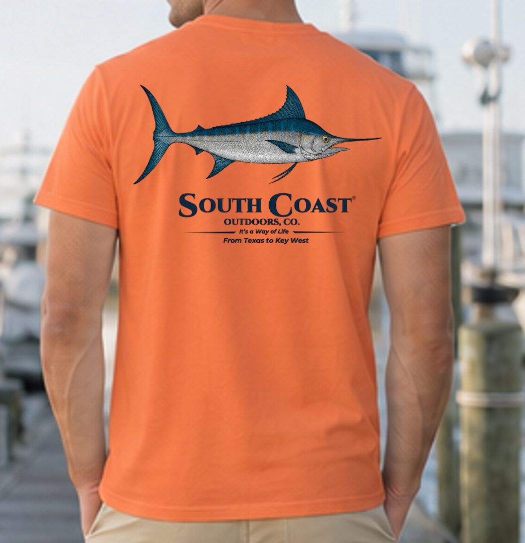 Burnt orange t-shirt with blue marlin fish graphic on the back