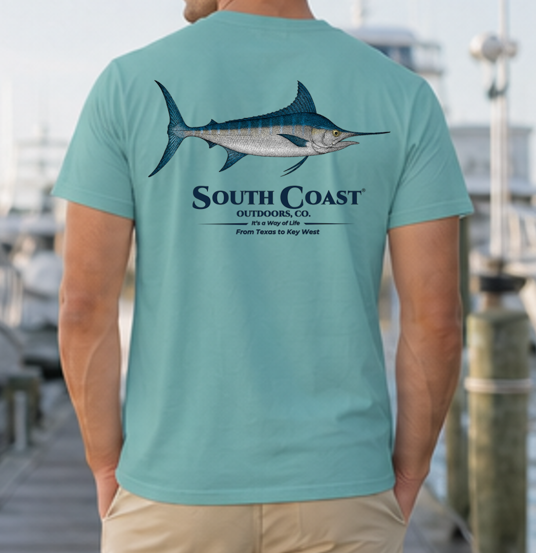Turquoise t-shirt with blue marlin fish graphic and South Coast logo on the back
