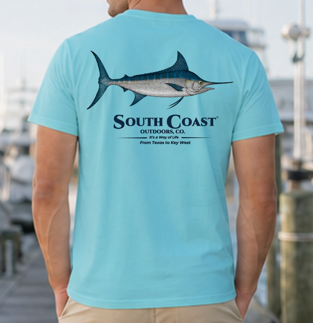 Light blue t-shirt with blue marlin fish graphic and South Coast logo on the back