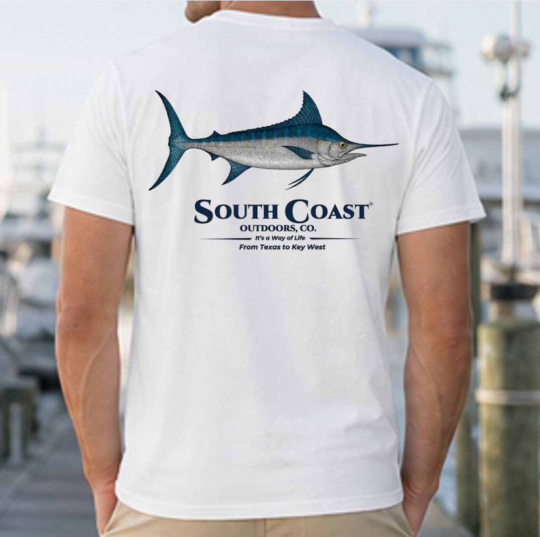 White t-shirt with blue marlin fish graphic and South Coast logo on the back