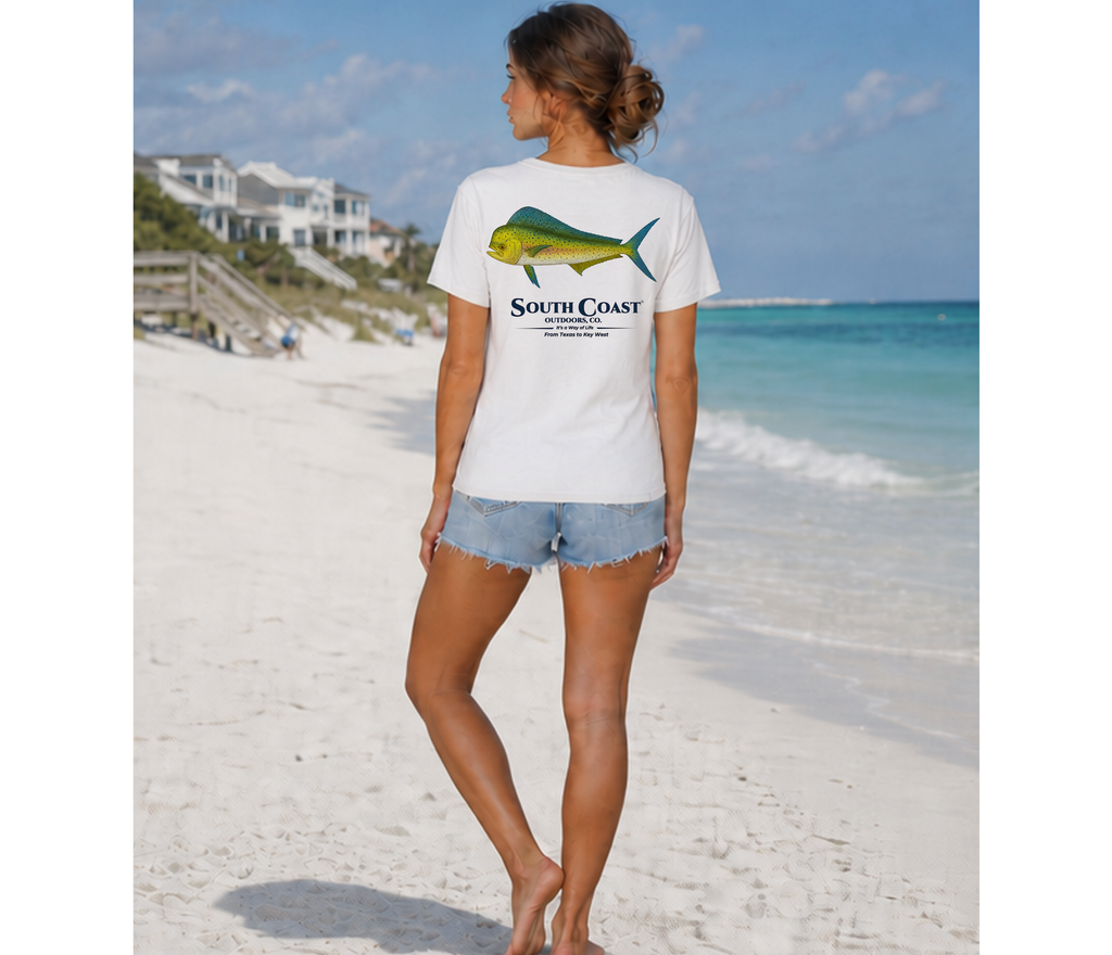 White short-sleeve T-shirt with mahi mahi fish graphic on the back